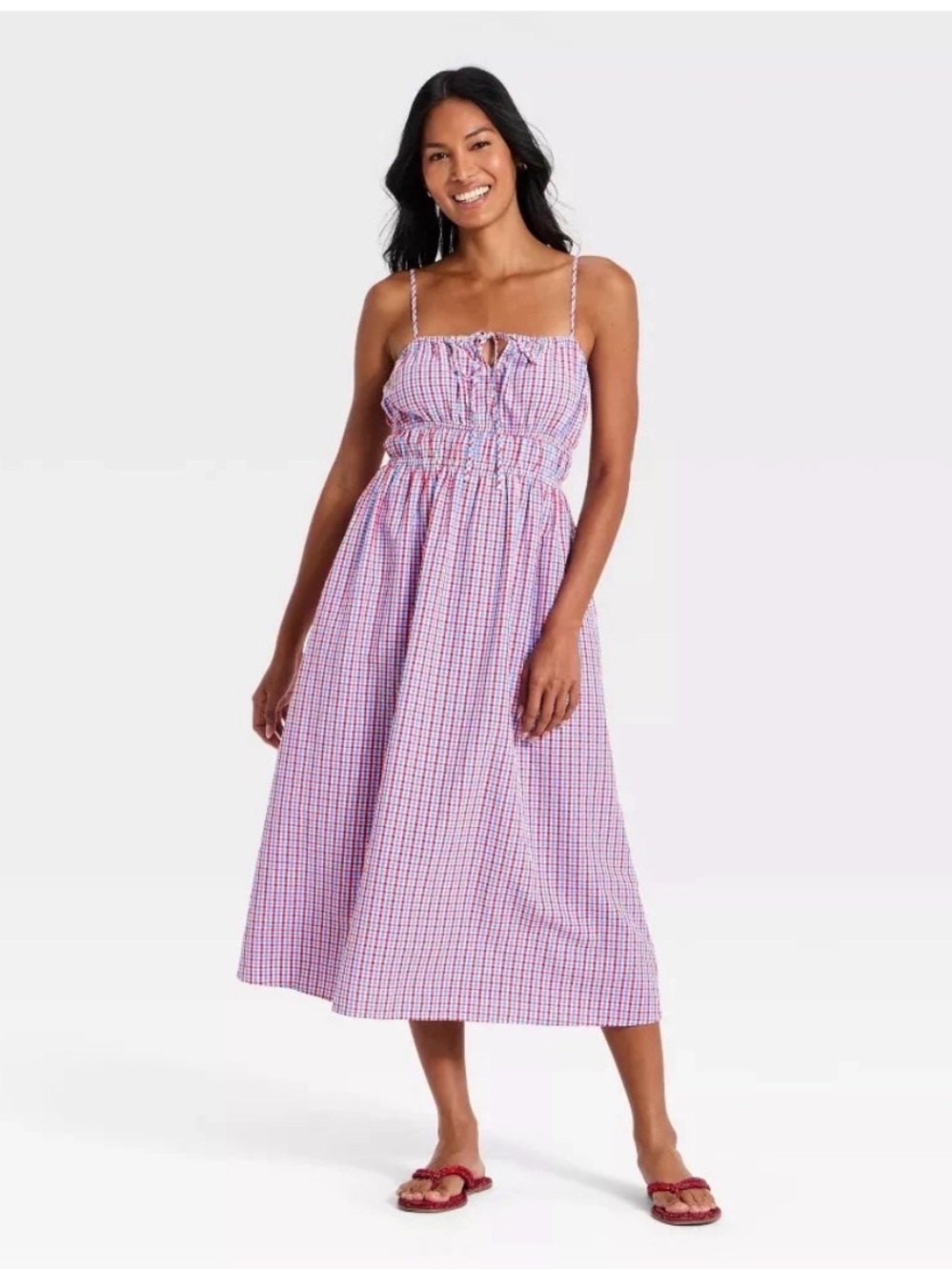 NWT Universal Thread Women's Midi Smocked Gingham Sundress Red/Blue Sz S Patriot